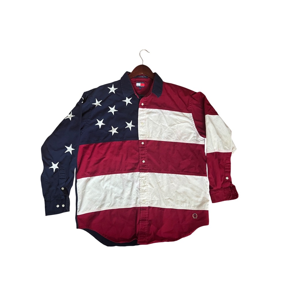 Tommy Hilfiger American Flag Shirt Mens L Vintage Stars Stripes Button Down Red